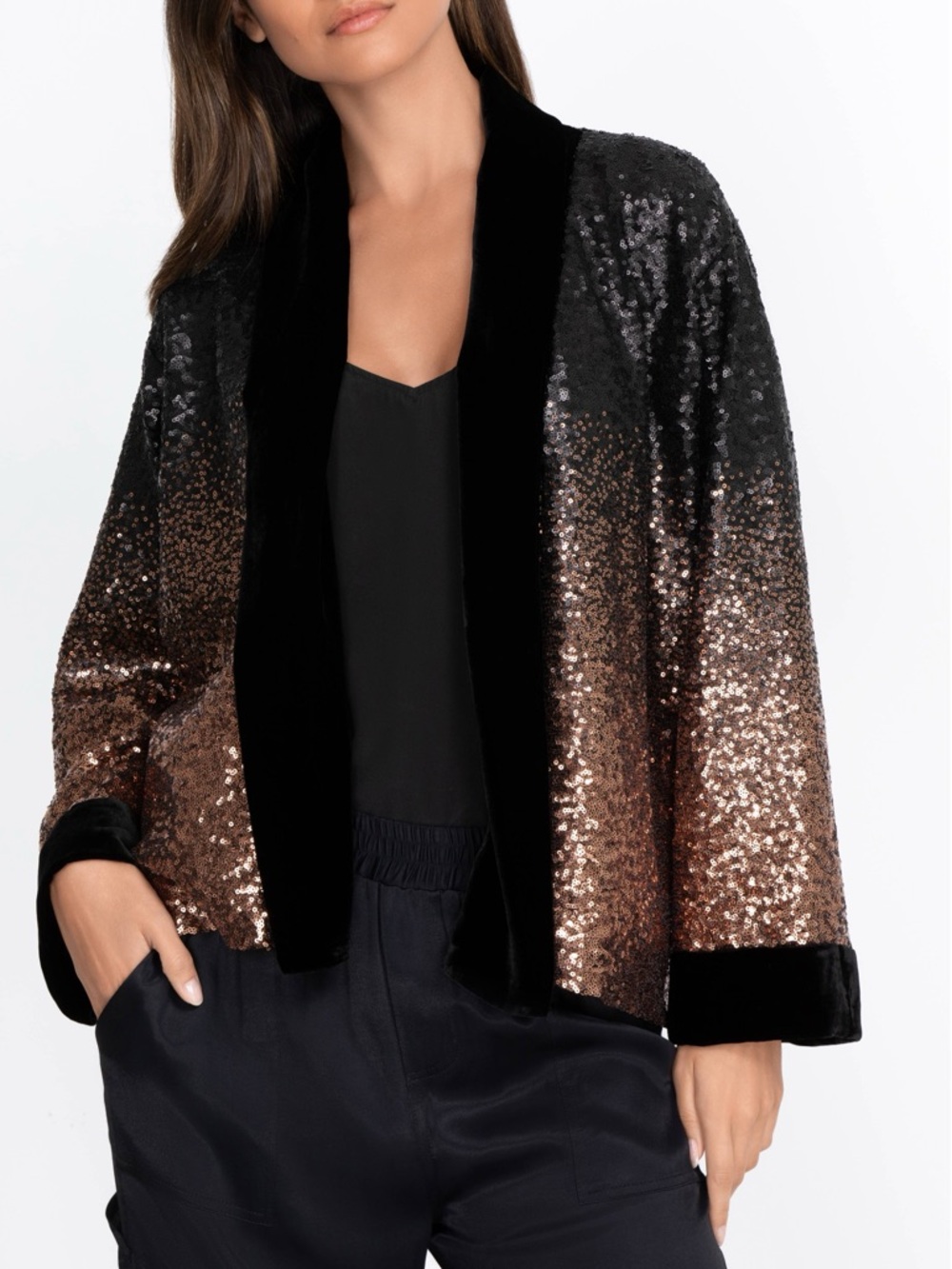 Johnny Was Sequin Dorian Kimono Velvet Trim Ombré Jacket Black Gold Boho Sz XL